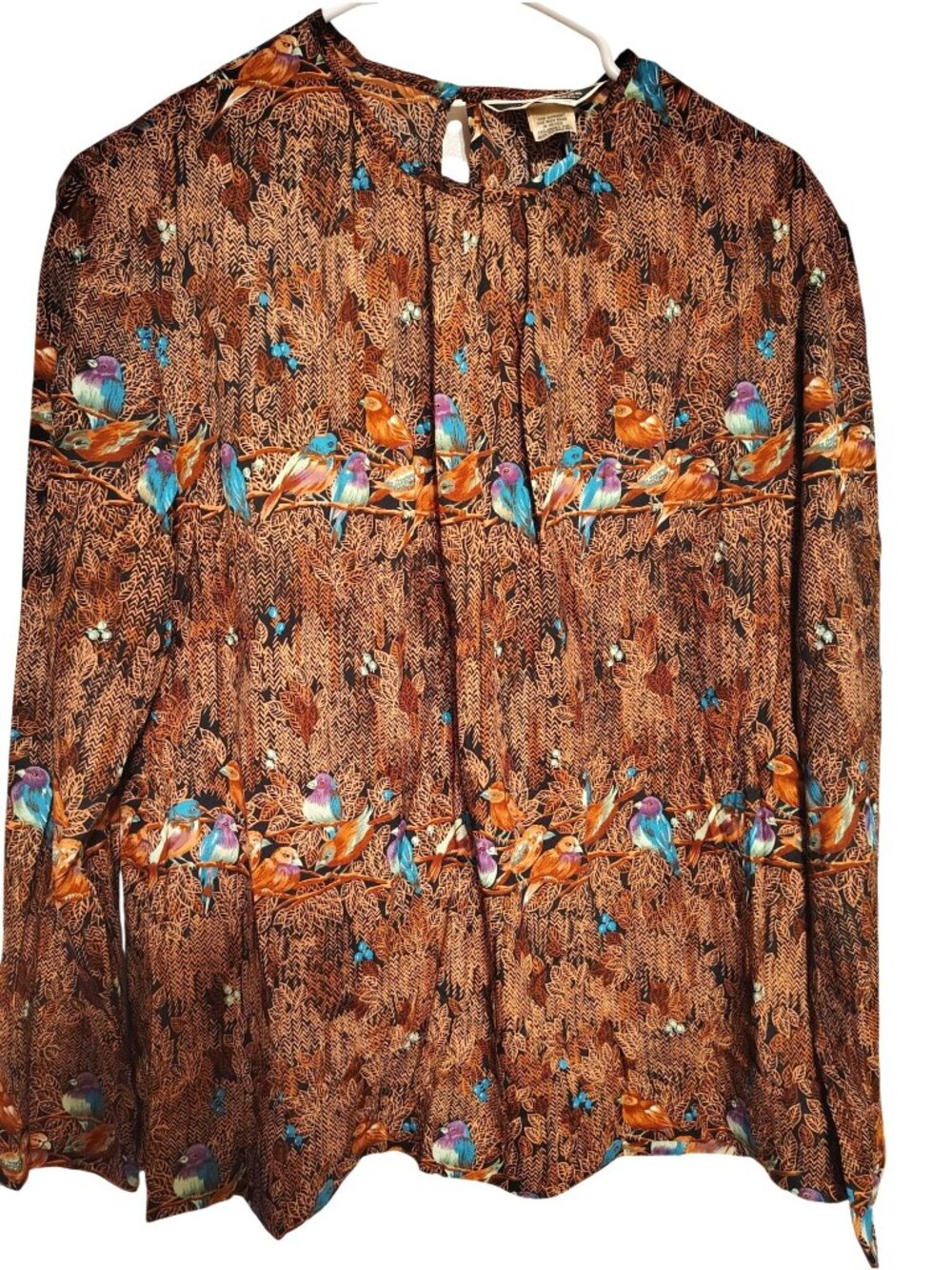 Vintage Alex Coleman Medium Blouse Top Birds Sparrows, Brown Black Leaves Retro